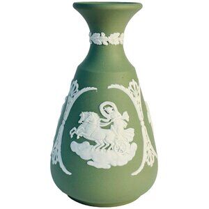 Wedgwood Jasperware Sage Green Bud Vase 5" – White Relief Made in England Signed